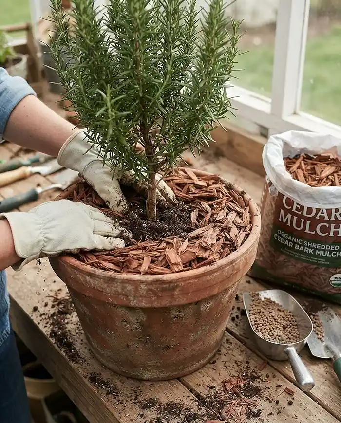 Mulching Potted Plants: How to Use Mulch in Pots 3 Spreading a 2-inch bark layer with a bare ring around the stem, the correct way of mulching potted plants