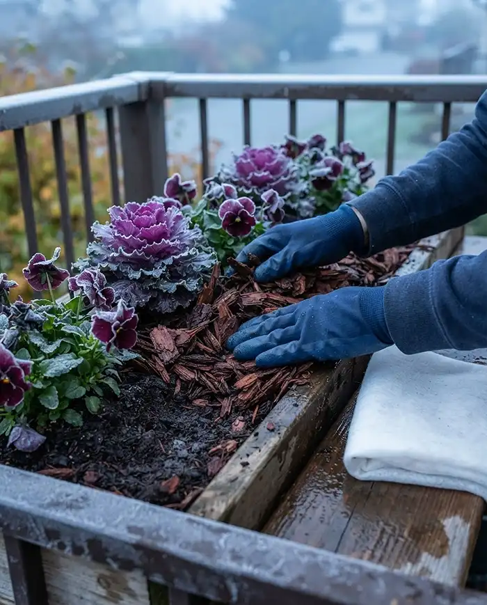Fall Balcony Railing Planters 5 Spreading bark mulch over an exposed railing planter to insulate shallow roots against freeze in a fall balcony box