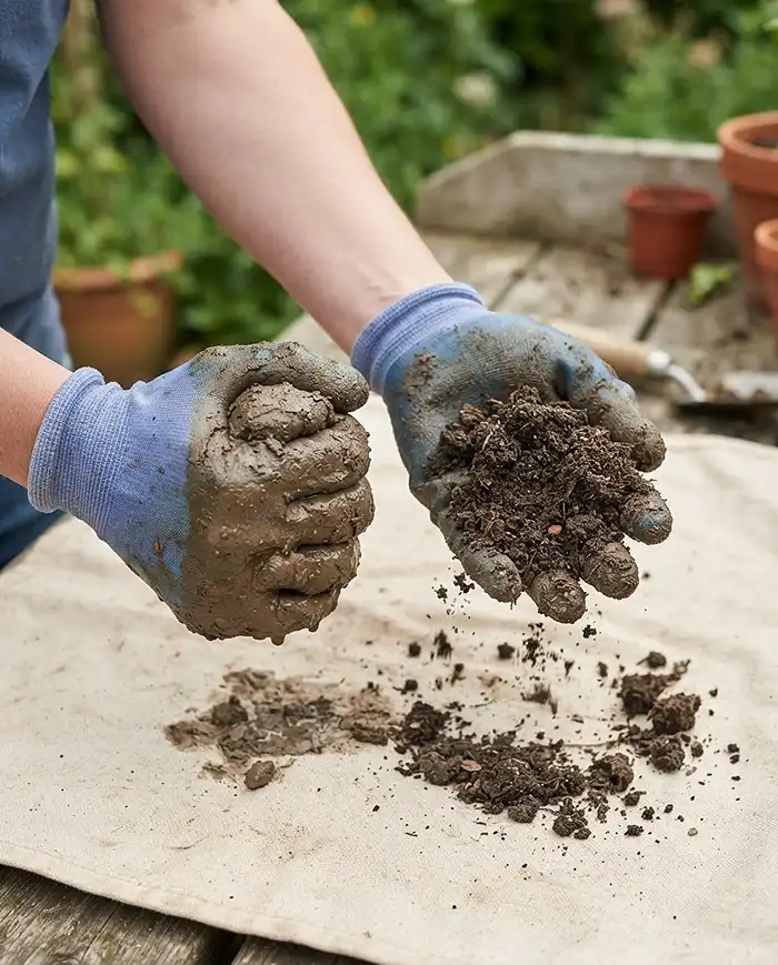 How to Tell If Potting Soil Is Bad 2 Squeeze test comparing a dense compacted soil brick against loose crumbly mix, checking container potting soil aeration