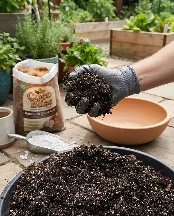 Herbs to Grow With Lettuce in Containers 2 Squeezing a moist coco-coir potting blend beside perlite and an empty bowl, the cool-season mix for lettuce and herbs