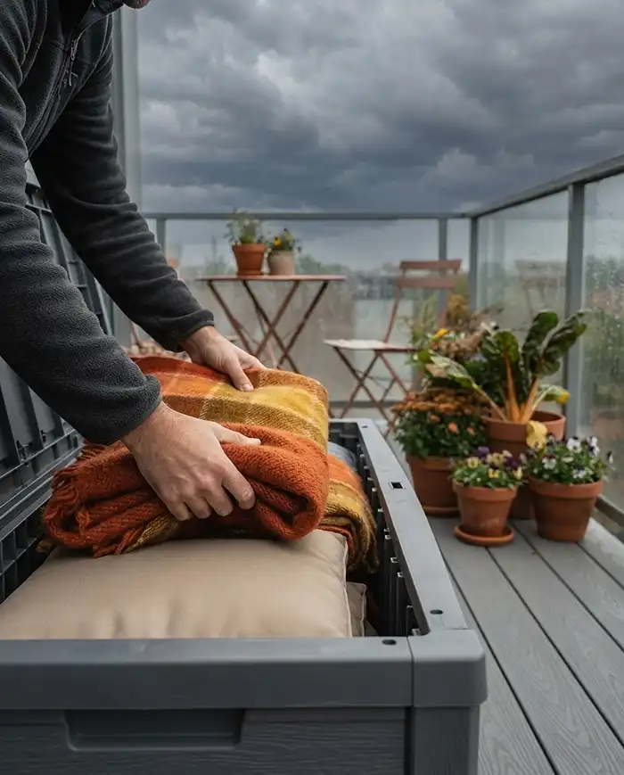 Fall Balcony Cafe Ideas for a Cozy Small-Space Retreat 5 Stashing cushions and a throw into a waterproof deck box before autumn rain to prevent mold on balcony cafe textiles