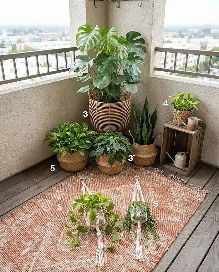 Styling a balcony corner in order from rug to anchor plant to medium plants and hanging baskets, following the layering steps