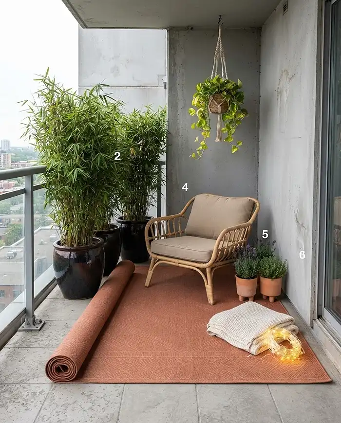 Cozy Balcony Garden Ideas With Warm Textile Layers 4 Styling a balcony nook from rug and chair to bamboo screens, hanging vines, herbs, and lighting, following the setup steps