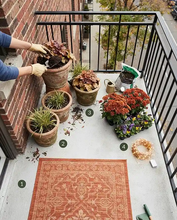 Styling a fall balcony in order from rug to anchor pots to refreshed soil and plants, following the setup steps