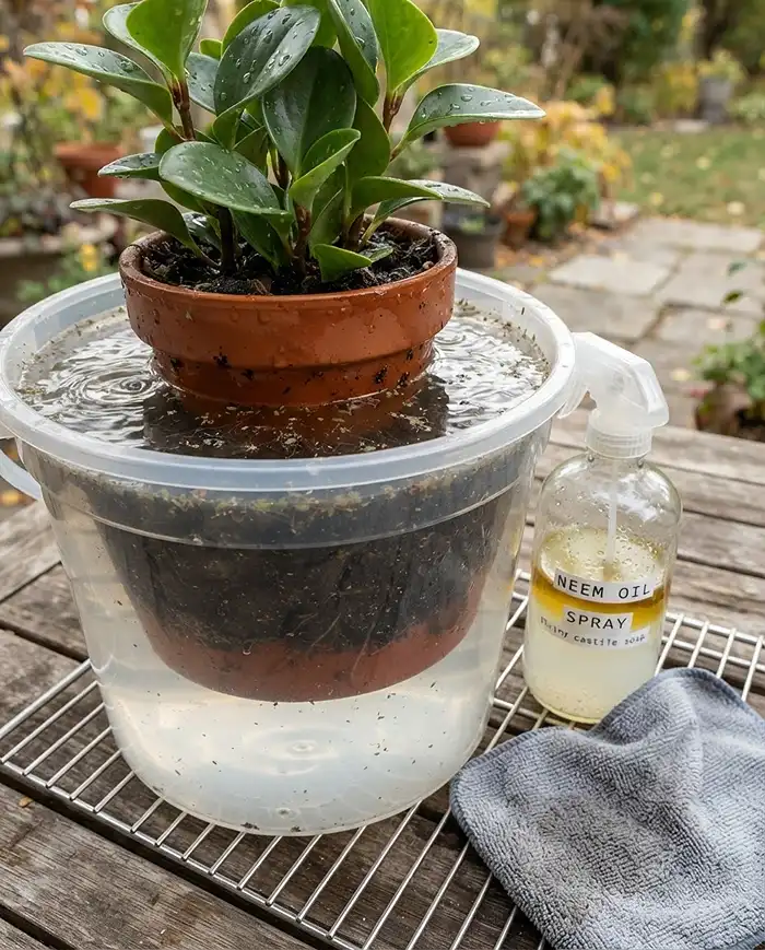 Bringing Outdoor Plants Inside for Winter 3 Submerging a pot to flush hidden insects beside a neem oil spray, the mandatory pest protocol before bringing plants inside for winter