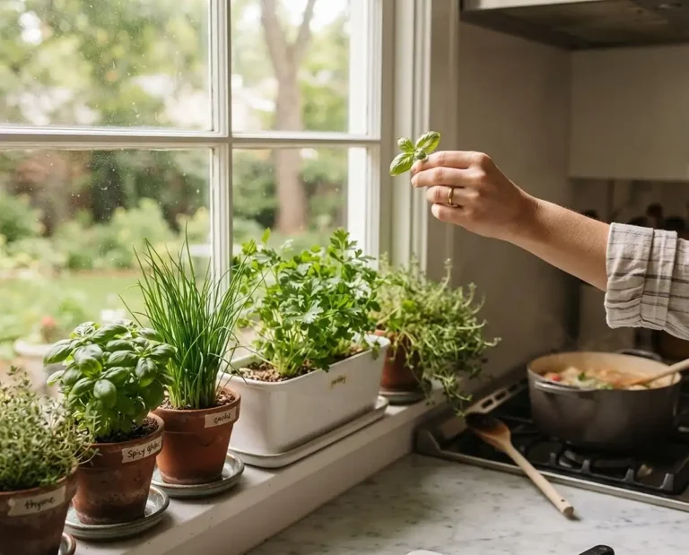 Sunny kitchen windowsill herb garden with basil, chives, parsley, and thyme in a trough and terracotta pots on saucers