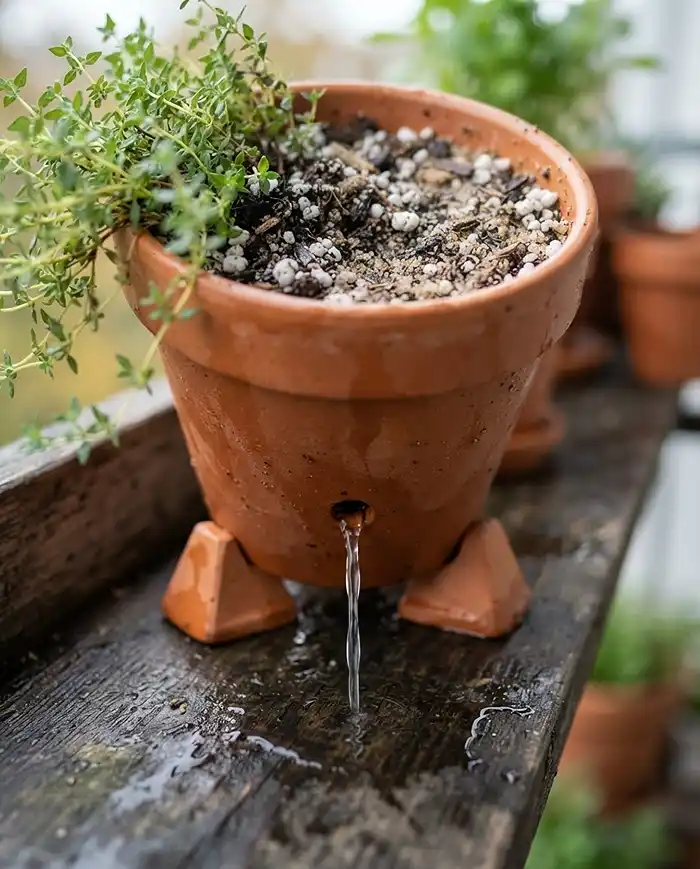 Terracotta herb pot lifted on clay pot feet so water drains freely from the base