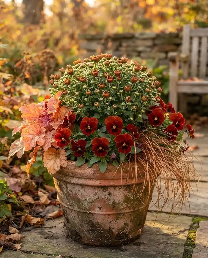 Fall Planter Color Schemes 3 Terracotta pot layering bronze mums, red pansies, amber Heuchera, and copper sedge, a fall planter color scheme in amber and rust