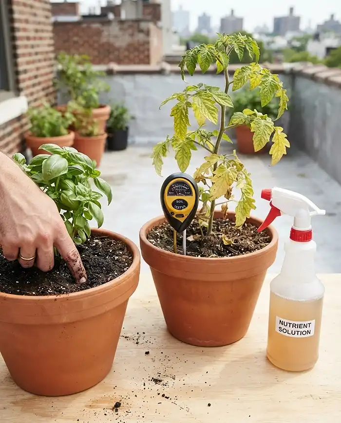 Nutrient Deficiency in Container Plants 4 Testing soil moisture and pH before foliar spraying, following the step-by-step protocol for rescuing a deficient container plant.