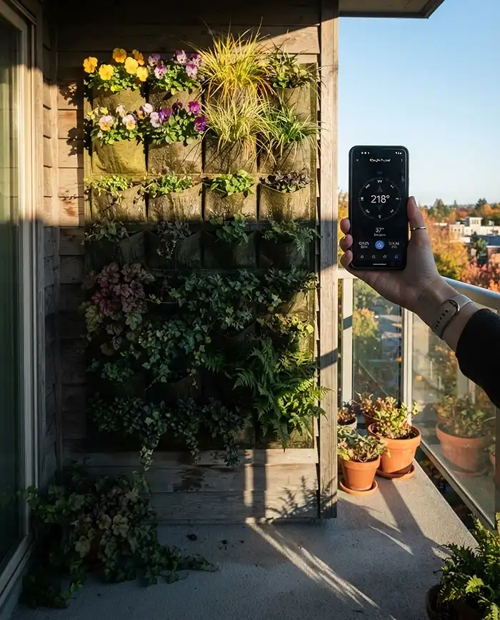 The low autumn sun lighting only the top of a vertical wall planter, mapping which pockets still catch light