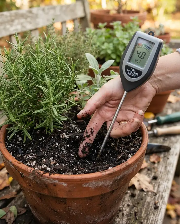 Watering Potted Herbs in Fall: Habits That Save Your Herbs 3 The two-inch finger test and a moisture meter checking damp soil, the key habit for watering potted herbs in fall