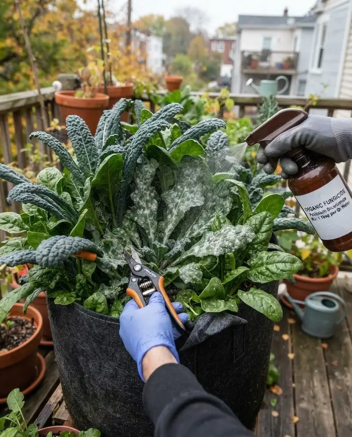 Fall Container Vegetable Garden 5 Thinning a crowded canopy and misting potassium bicarbonate on powdery‑mildew‑spotted kale and spinach, treating fungus in damp autumn air