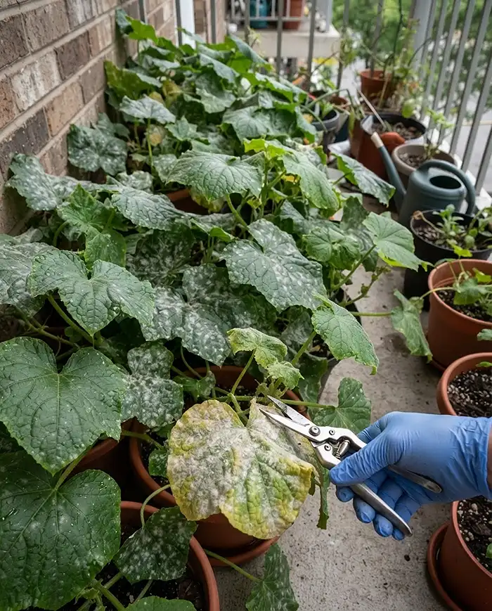 Designing a Small Garden 5 Thinning white powdery‑mildew‑dusted lower leaves in a crowded balcony corner to restore airflow between dense pots