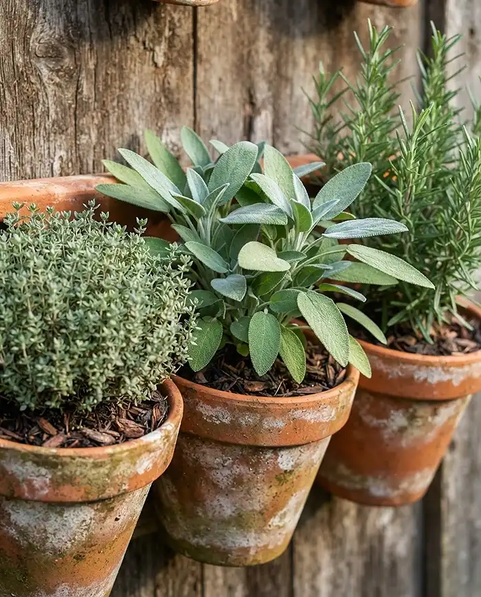 Fall Vertical Herb Garden Ideas That Actually Thrive 3 Thyme, sage, and rosemary in terracotta wall pockets, the cold-hardy backbone of a fall vertical herb garden
