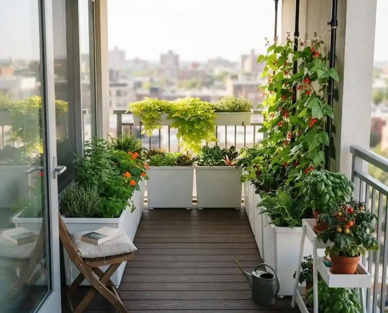 Tidy small balcony garden with matching white troughs, a clear central walkway, climbing vines, and a corner chair