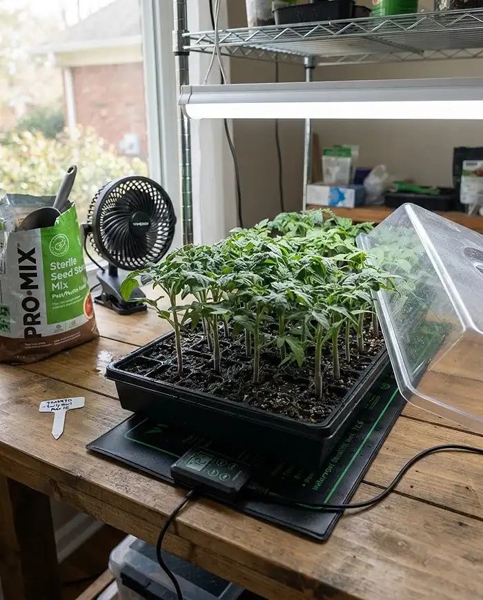 How to Grow Tomatoes in Pots From Seed to Harvest 2 Tomato seedlings in a cell tray on a heat mat under an LED light two inches above the leaves, preventing leggy growth.