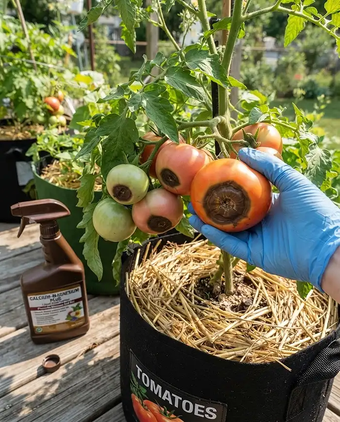 How to Grow Tomatoes in Pots From Seed to Harvest 5 Tomatoes with black sunken blossom end rot on their bases beside a calcium spray, fixing calcium uptake from uneven watering