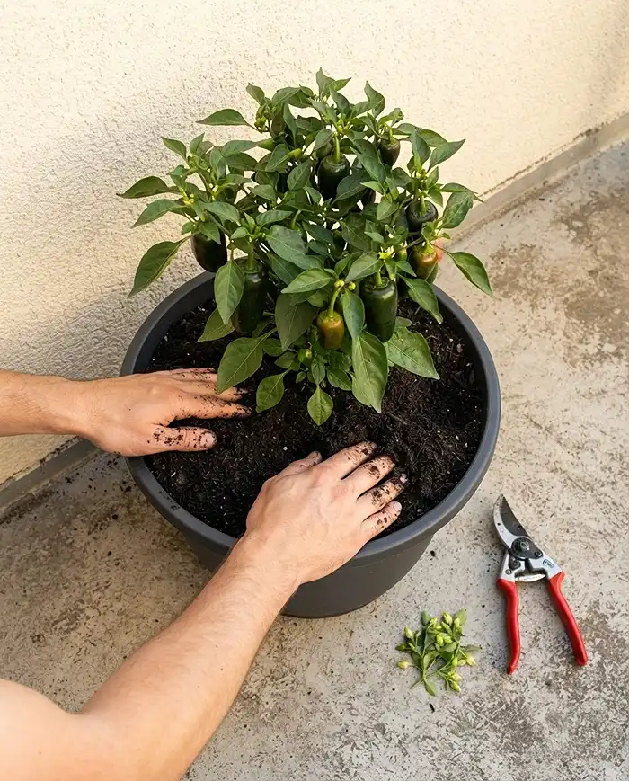 Compact Pepper Plants for Pots 4 Top-dressing a pepper pot with compost and pruning new flowers, key steps in late-season container pepper care