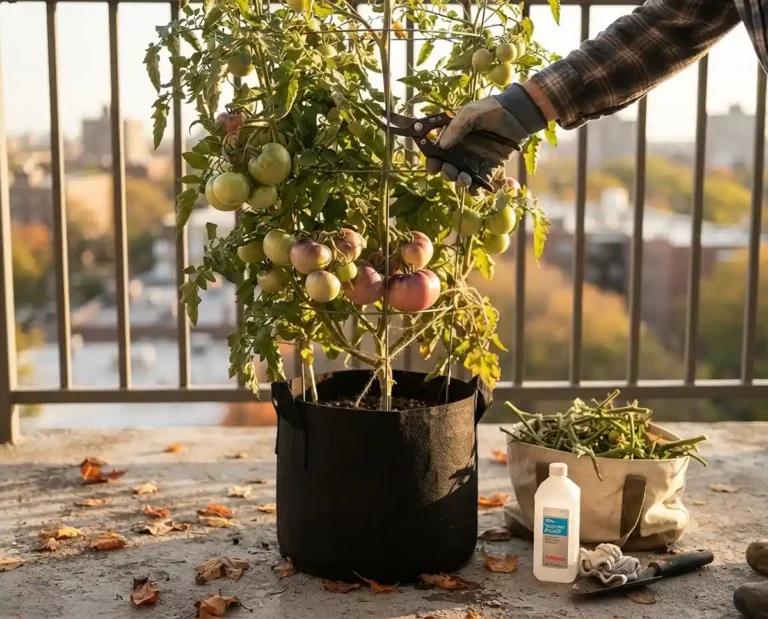 Topping a caged container tomato heavy with green fruit on a sunny balcony, end-of-season pruning to force ripening