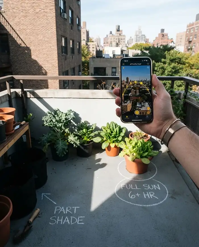 Fall Container Vegetable Garden 2 Tracking a sun app and chalk‑marking pot positions as an autumn shadow crosses balcony greens, finding the brightest corner