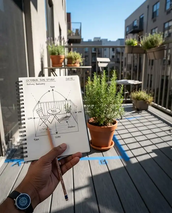 Tracking the low autumn sun angle across a balcony table to position sun-loving Mediterranean plants correctly