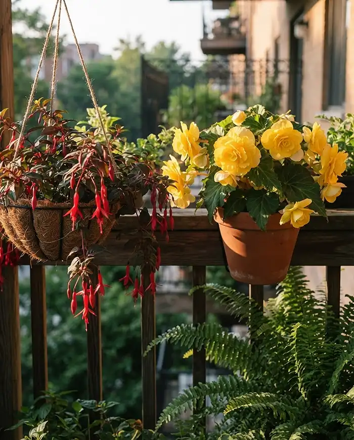 East Facing Balcony Plants: Best Choices for Small Spaces 3 Trailing fuchsia and yellow begonia glowing in morning light, top flowering east-facing balcony plants for partial shade