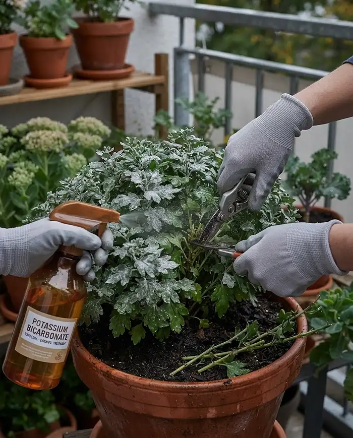 Treating powdery mildew on a crowded mum with airflow thinning and a potassium bicarbonate spray in damp autumn air