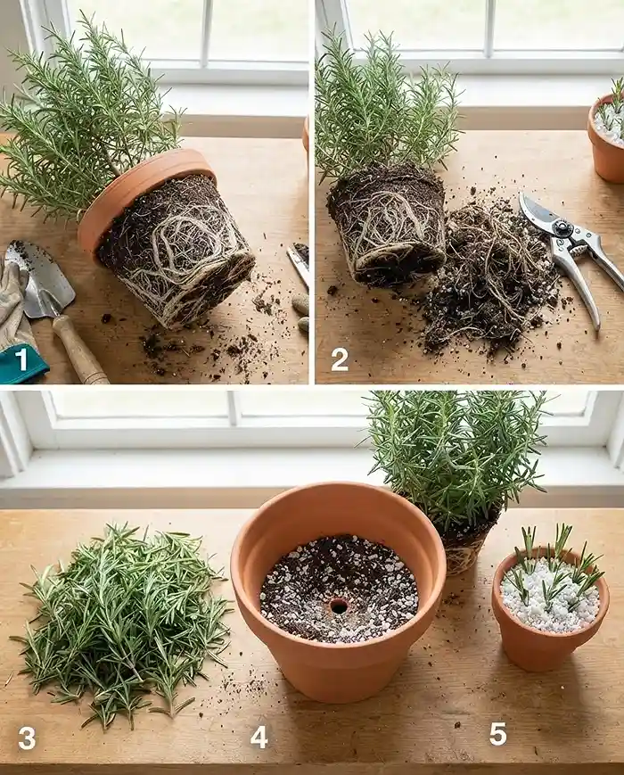 Bringing Herbs Indoors for Winter 4 Trimming a third of a pot-bound rosemary roots and foliage then repotting in fresh sterile mix, following the migration steps
