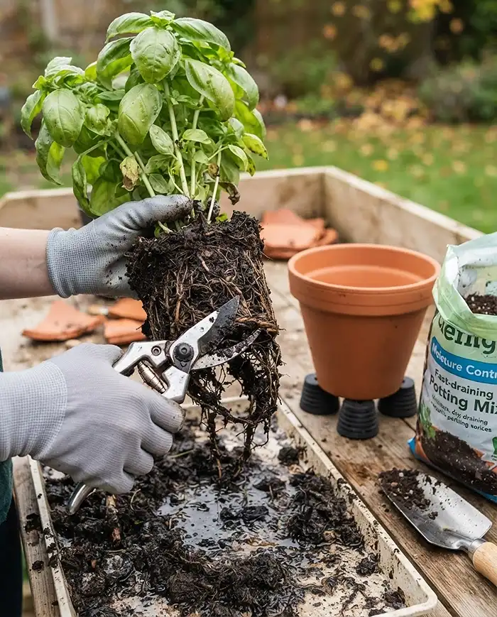 Watering Potted Herbs in Fall: Habits That Save Your Herbs 5 Trimming brown mushy rotted roots from a herb beside fresh dry mix, rescuing a plant from cold soggy soil root rot