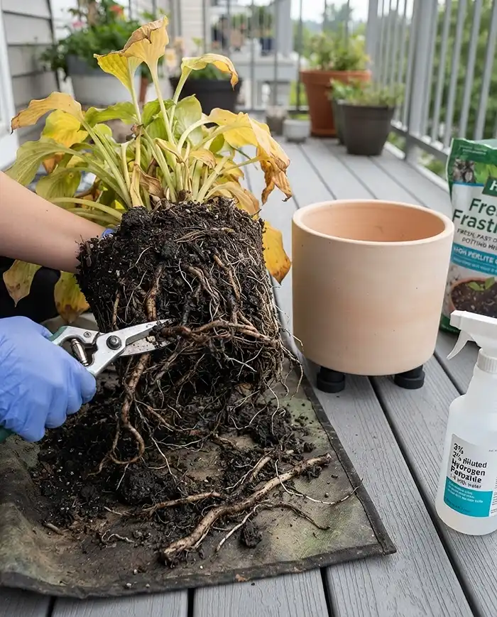 North Facing Balcony Plants: Best Choices for Apartments 5 Trimming brown mushy rotted roots from a shade plant beside a pot raised on feet, fixing root rot from soggy soil.