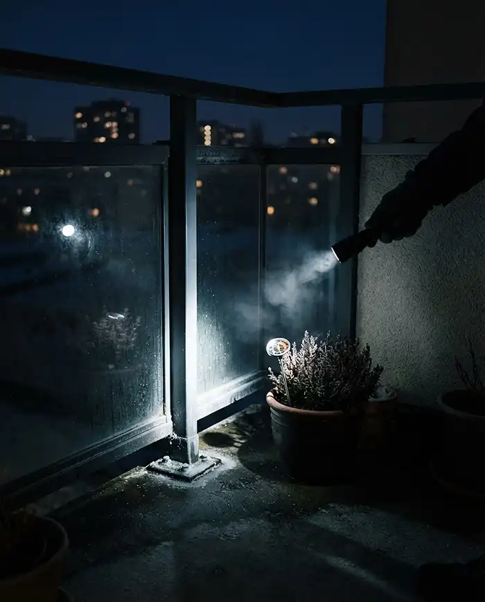 How to Protect Balcony Plants From Frost 2 Using a flashlight at night to find where cold air pools near a balcony railing, mapping frost danger zones before a freeze