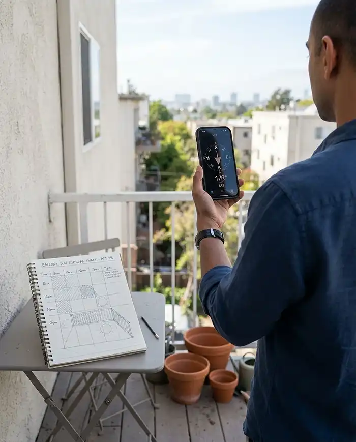 Best Balcony Plants by Sun Direction 2 Using a phone compass on a balcony beside a handwritten shadow chart to measure true sun exposure before planting.