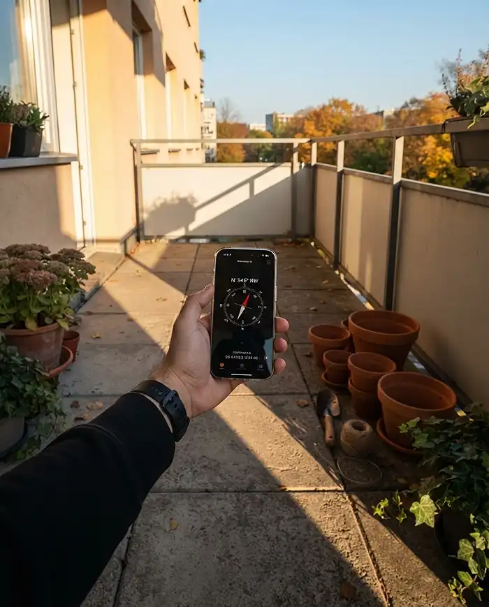 Using a phone compass to map the lower autumn sun reaching a formerly shaded balcony corner before repositioning plants