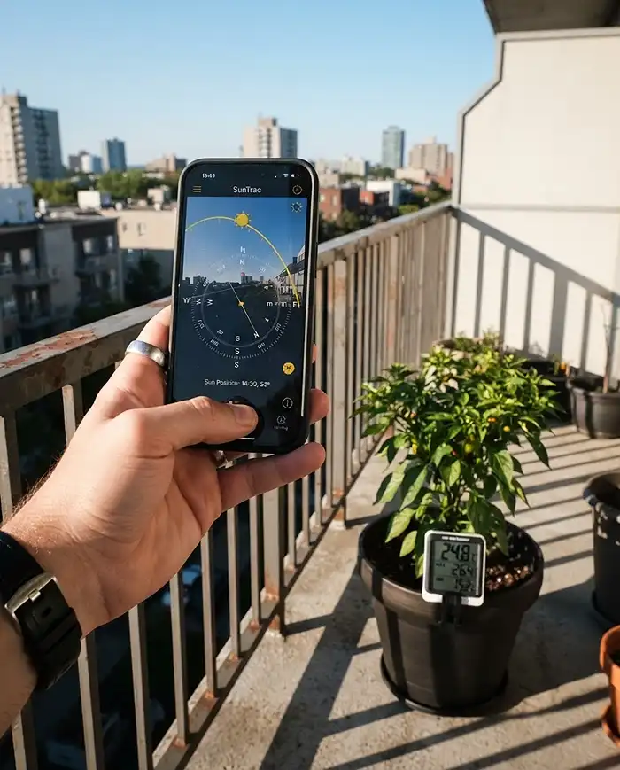 Compact Pepper Plants for Pots 2 Using a sun-tracking app and a min-max thermometer to map shifting autumn sun and overnight lows for potted peppers.