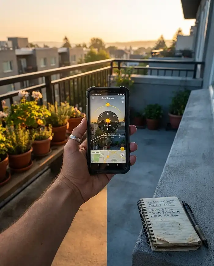 East Facing Balcony Plants: Best Choices for Small Spaces 2 Using a sun-tracking app at sunrise to map the morning light window on an east-facing balcony before choosing plants