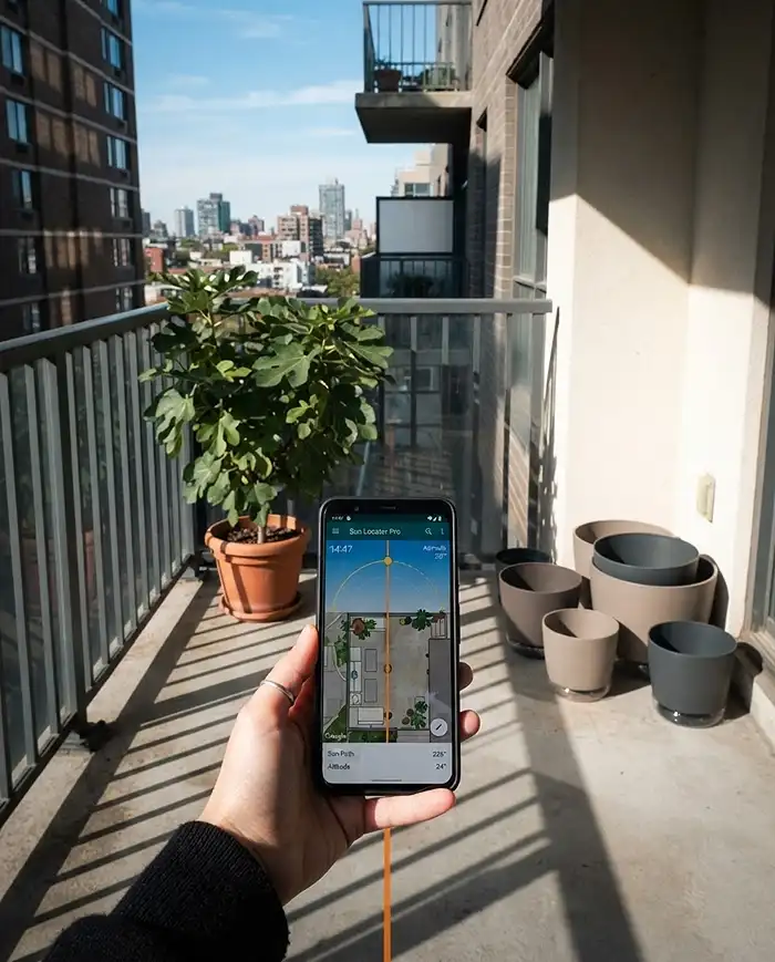 Fall Balcony Planters With Grasses: Fruit & Plant Ideas 2 Using a sun-tracking app to map low October light and new shadows on a potted fig before repositioning for ripening.