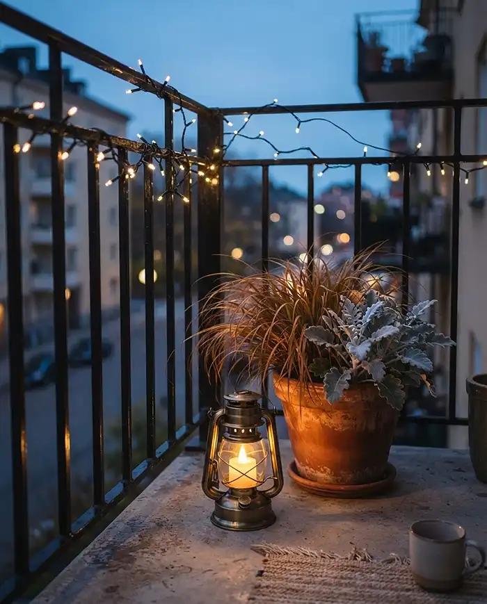 Warm LED fairy lights and a battery lantern glowing beside foliage, plant-safe lighting for a cozy fall balcony garden