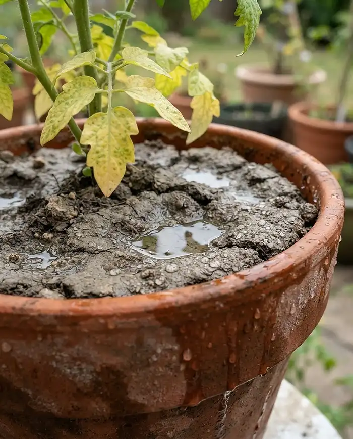 How to Refresh Potting Soil 2 Water pooling on hardened, compacted container soil and running down the pot wall, a key sign of exhausted potting mix.