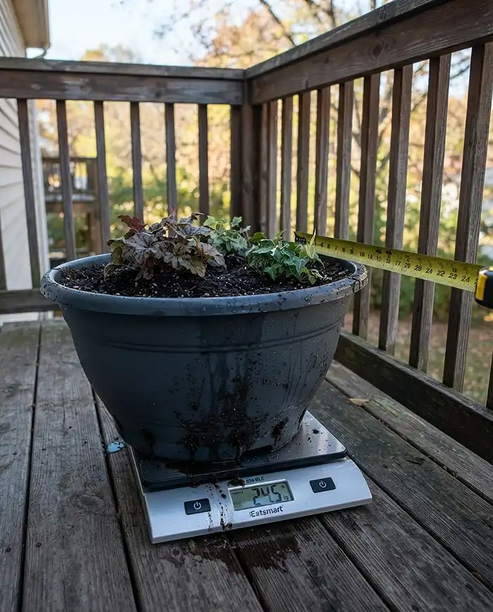 Fall Balcony Railing Planters 2 Weighing a filled, watered railing planter on a bathroom scale to check railing weight limits before mounting