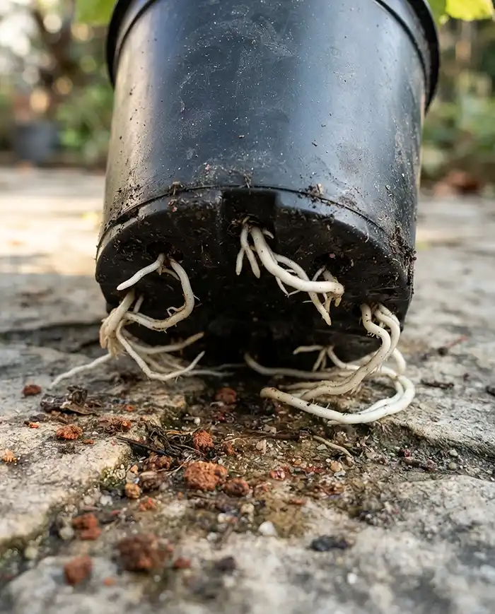 White roots escaping the drainage holes of a plastic pot, an early sign to act to prevent root bound vegetables