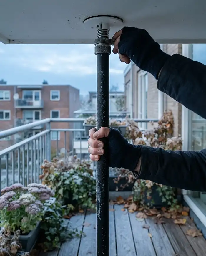 Renter Friendly Fall Balcony Ideas With Zero Drilling 5 Wiggle‑testing and retightening a tension pole that loosened in freezing weather, a common no‑drill balcony problem
