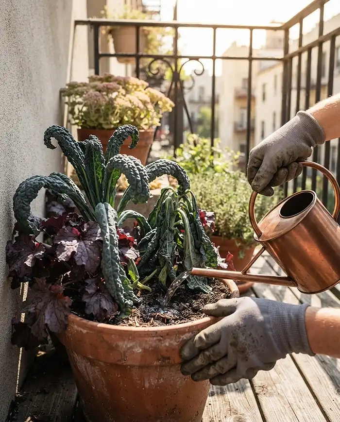 Best Fall Balcony Plants for Changing Autumn Weather 5 Wilting kale and Heuchera during an autumn heat spike being soil-watered and moved to shade, reviving heat-stressed fall plants