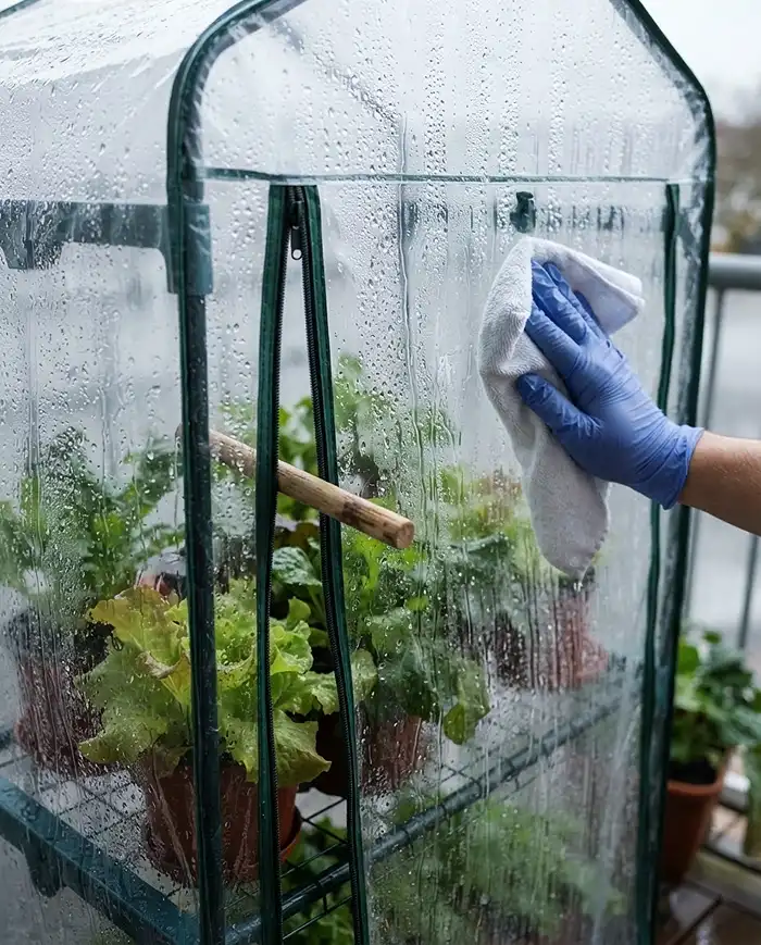 Extend Growing Season on Balcony 5 Wiping condensation from a zip-up balcony greenhouse and propping it open with a stick to prevent freezing and rot