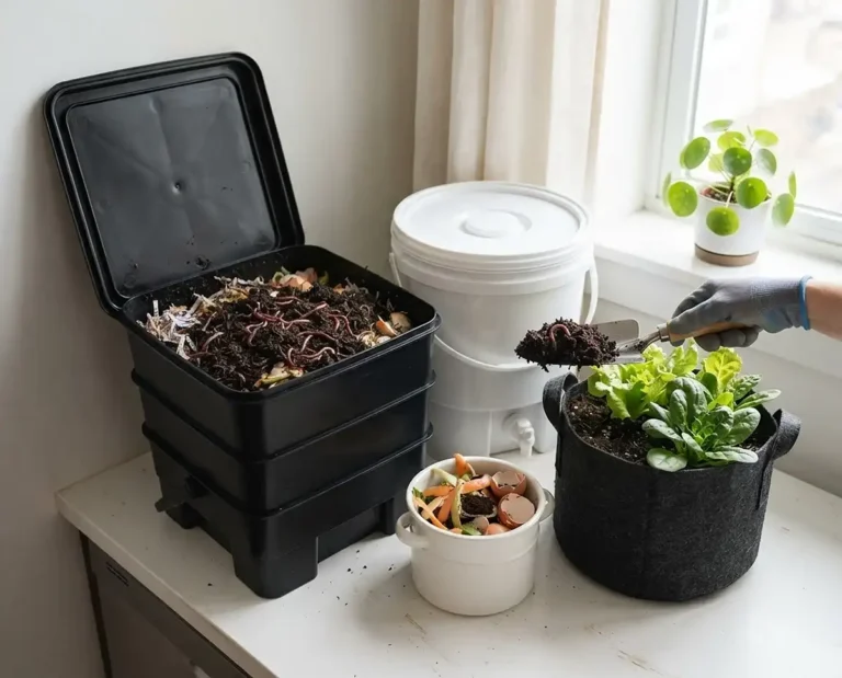 Worm bin and Bokashi bucket beside a scrap caddy and a potted plant, a small‑space composting setup for container gardens