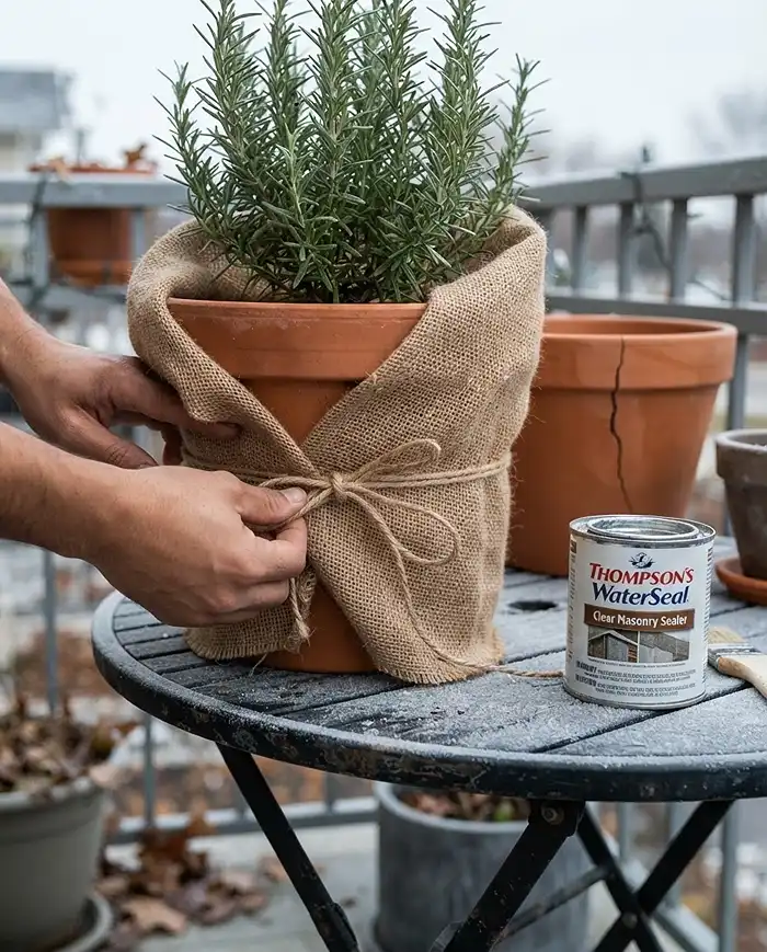 Wrapping and sealing a terracotta pot against freeze damage beside a cracked unsealed pot on a frosty balcony table.
