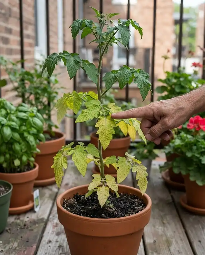 Nutrient Deficiency in Container Plants 2 Yellowing creeping up from a potted plant lower leaves while new top growth stays green, the sign of a mobile nutrient deficiency.
