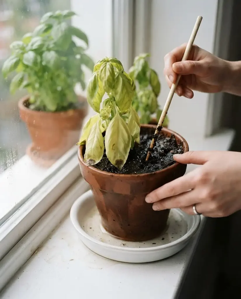 Yellowing lower basil leaves from overwatering, lifting the pot off standing water and aerating the soil to stop root rot