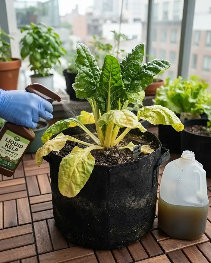 Sustainable Small Space Gardening 5 Yellowing lower chard leaves being treated with a kelp foliar spray, rescuing nitrogen depletion in reused container soil