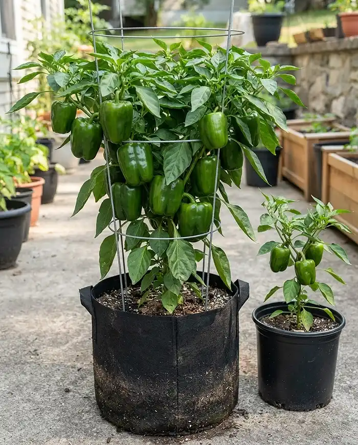 A big bell pepper plant loaded with fruit in a 10‑gallon grow bag beside a 5‑gallon pot, the best pot size for peppers with big fruit.