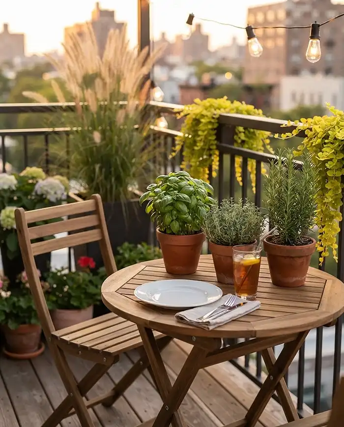 A bistro table with reachable herb pots, tall grass behind, and trailing vines under string lights, cafe‑style small balcony dining idea